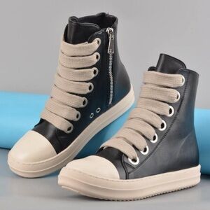 Faux leather black high top thick laces sneakers athletic shoes rubber soles